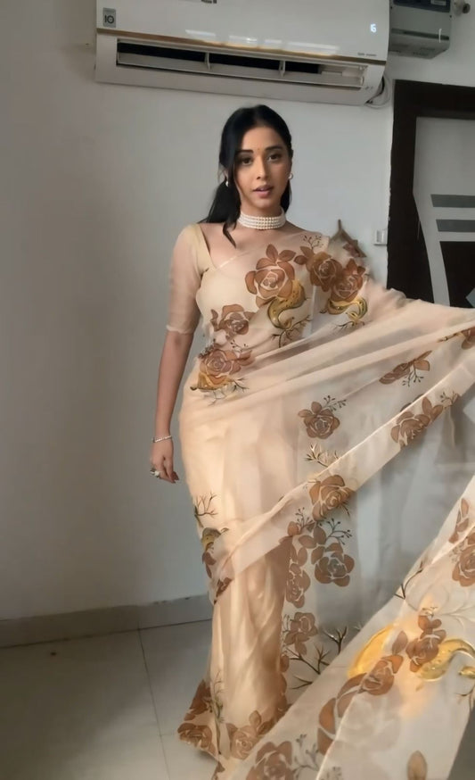 Beige Organza Saree with Hand-Painted Deer Motif