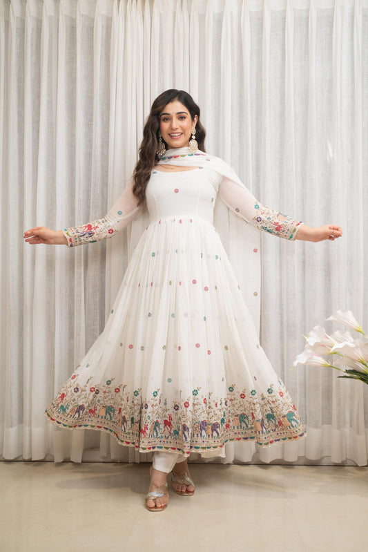 White Anarkali Suit Set in Heavy Faux Georgette with Dupatta