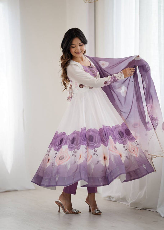 Violet Anarkali Suit Set with Soft Organza Fabric, Gota Patti Dupatta and Pant