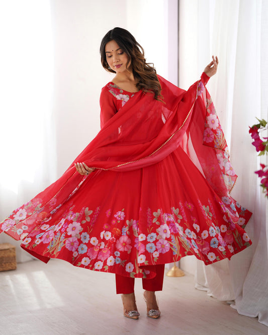 Red Soft Organza Silk Anarkali Suit Set with Flared Gown, Dupatta & Pants