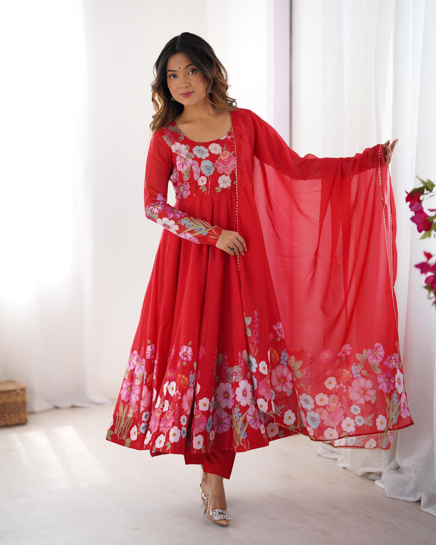 Red Soft Organza Silk Anarkali Suit Set with Flared Gown, Dupatta & Pants