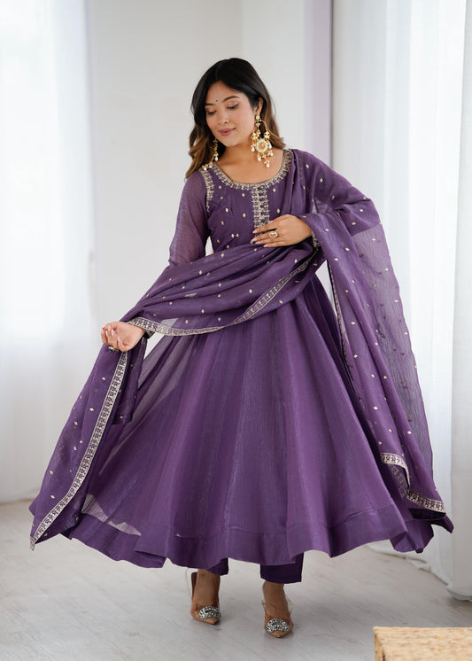 Mauve Crunchy Silk Anarkali Suit Set with Flared Gown, Dupatta & Pants