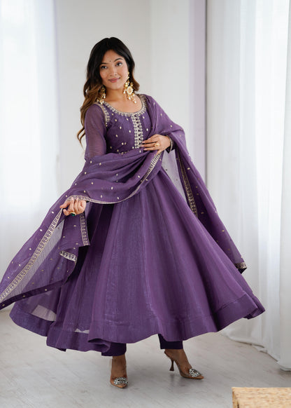 Mauve Crunchy Silk Anarkali Suit Set with Flared Gown, Dupatta & Pants