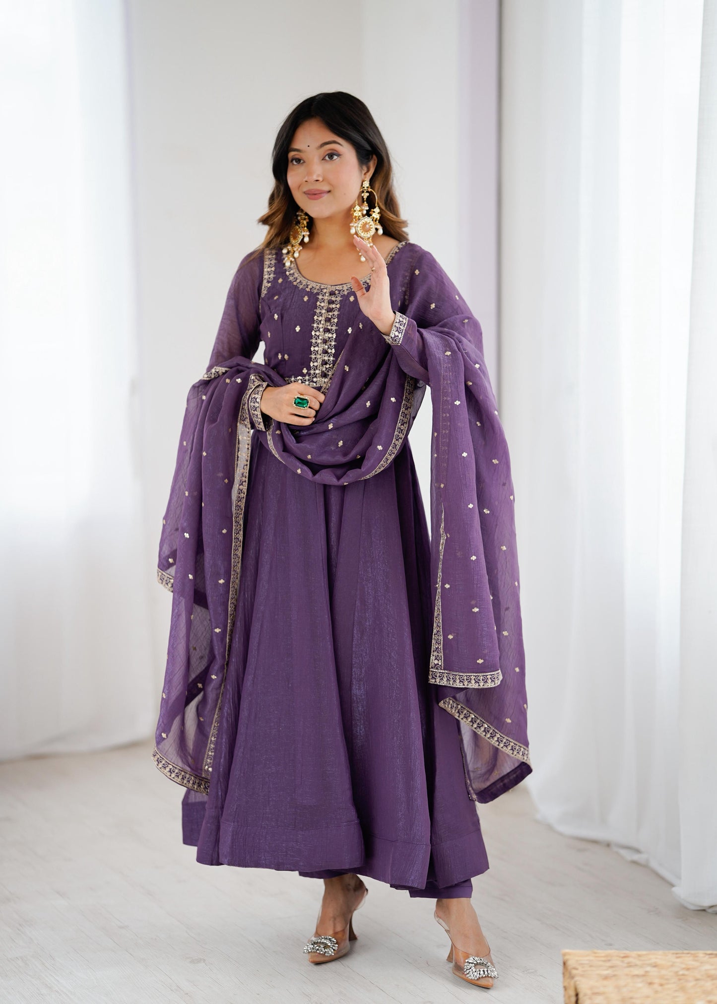 Mauve Crunchy Silk Anarkali Suit Set with Flared Gown, Dupatta & Pants
