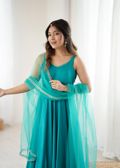 Rama Roman Silk Chanderi Anarkali Suit Set with Flared Gown, Dupatta & Pants