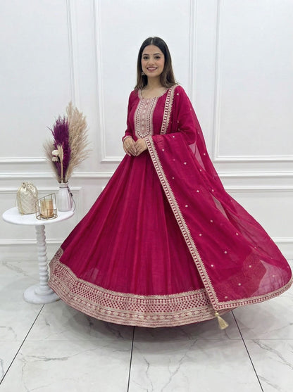 Dark Pink Vichitra Silk Anarkali Gown Set with Embroidered Dupatta
