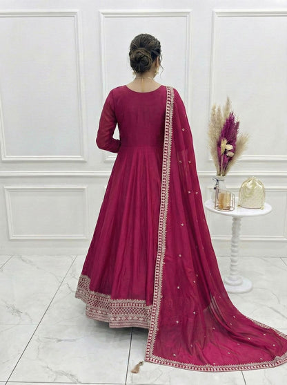 Dark Pink Vichitra Silk Anarkali Gown Set with Embroidered Dupatta