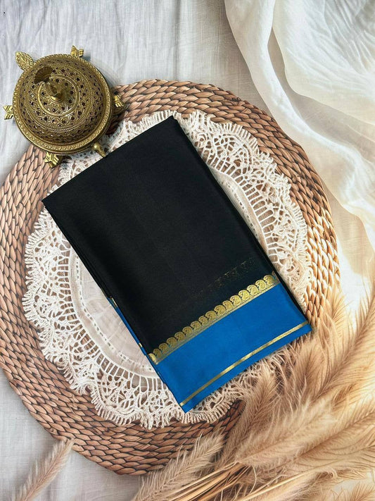 Black Mysore Crepe Silk Saree with Blue Bentex Border