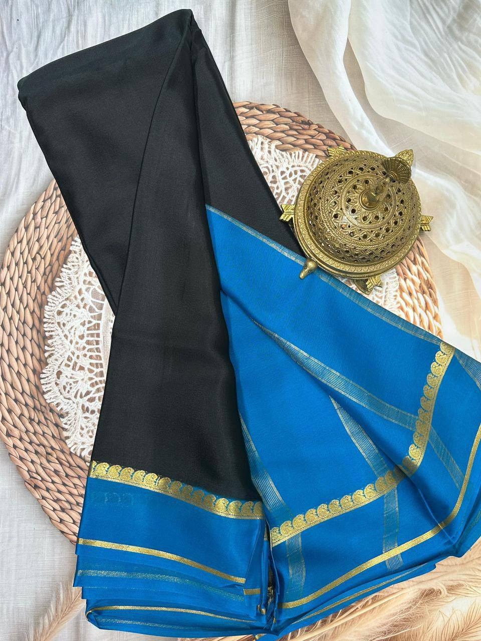 Black Mysore Crepe Silk Saree with Blue Bentex Border