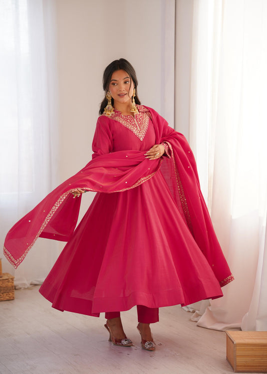 Pink Roman Shimmer Silk Anarkali Suit Set with Flared Gown, Dupatta & Pants