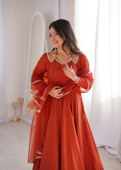 Rust Roman Silk Chanderi Anarkali Suit Set with Mirror Lace Work