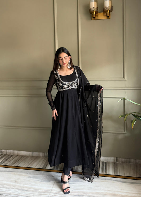 Black Georgette Anarkali Set with Embroidered Design, Dupatta & Pants