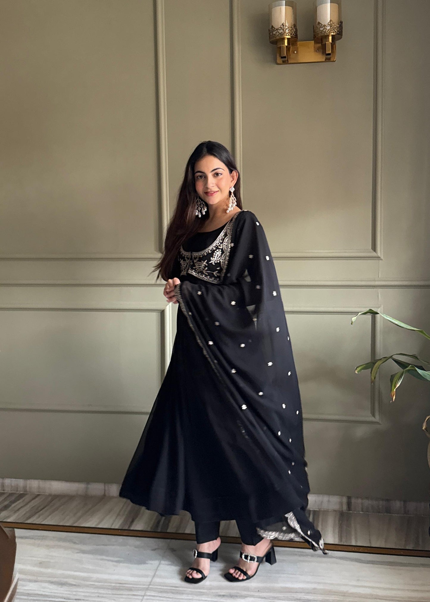 Black Georgette Anarkali Set with Embroidered Design, Dupatta & Pants