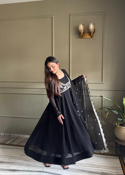 Black Georgette Anarkali Set with Embroidered Design, Dupatta & Pants