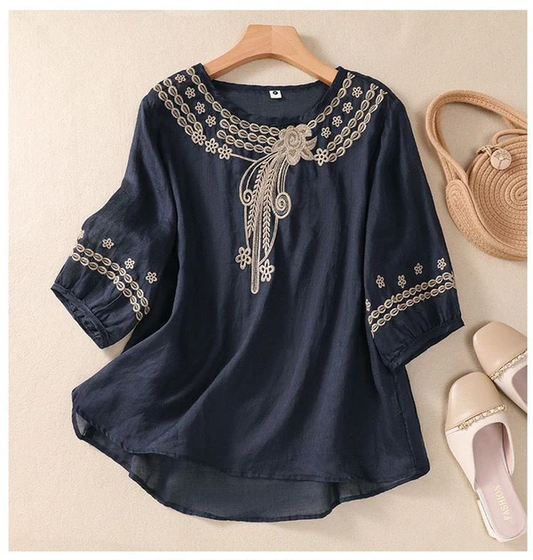 Women’s Neck Embroidered Pure Cotton Top with 3/4 Sleeves