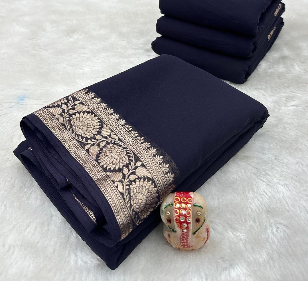 Black Mysore Silk Saree with Floral Zari Border