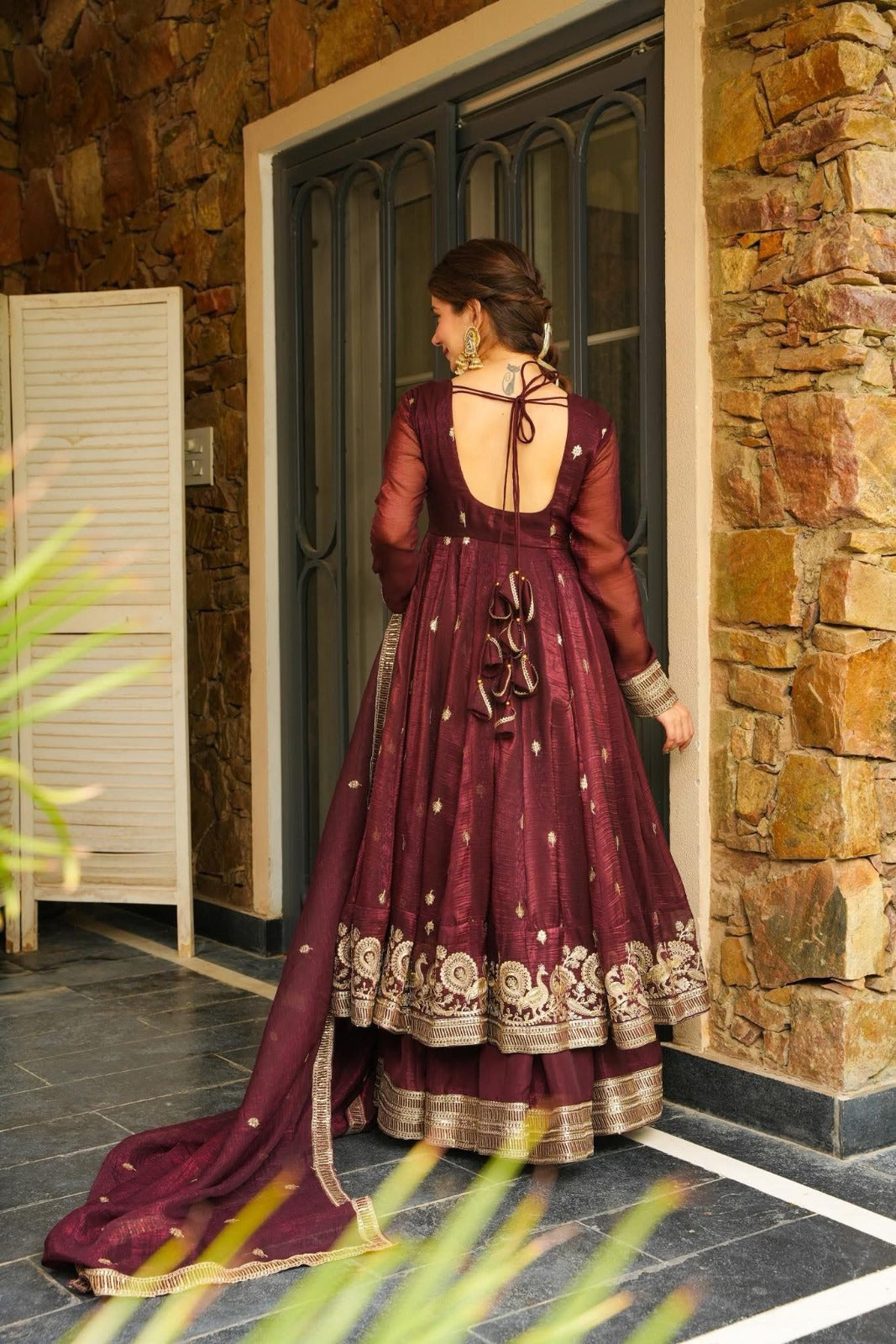 Maroon Anarkali Suit Set in Shimmer Silk with Pant and Georgette Dupatta