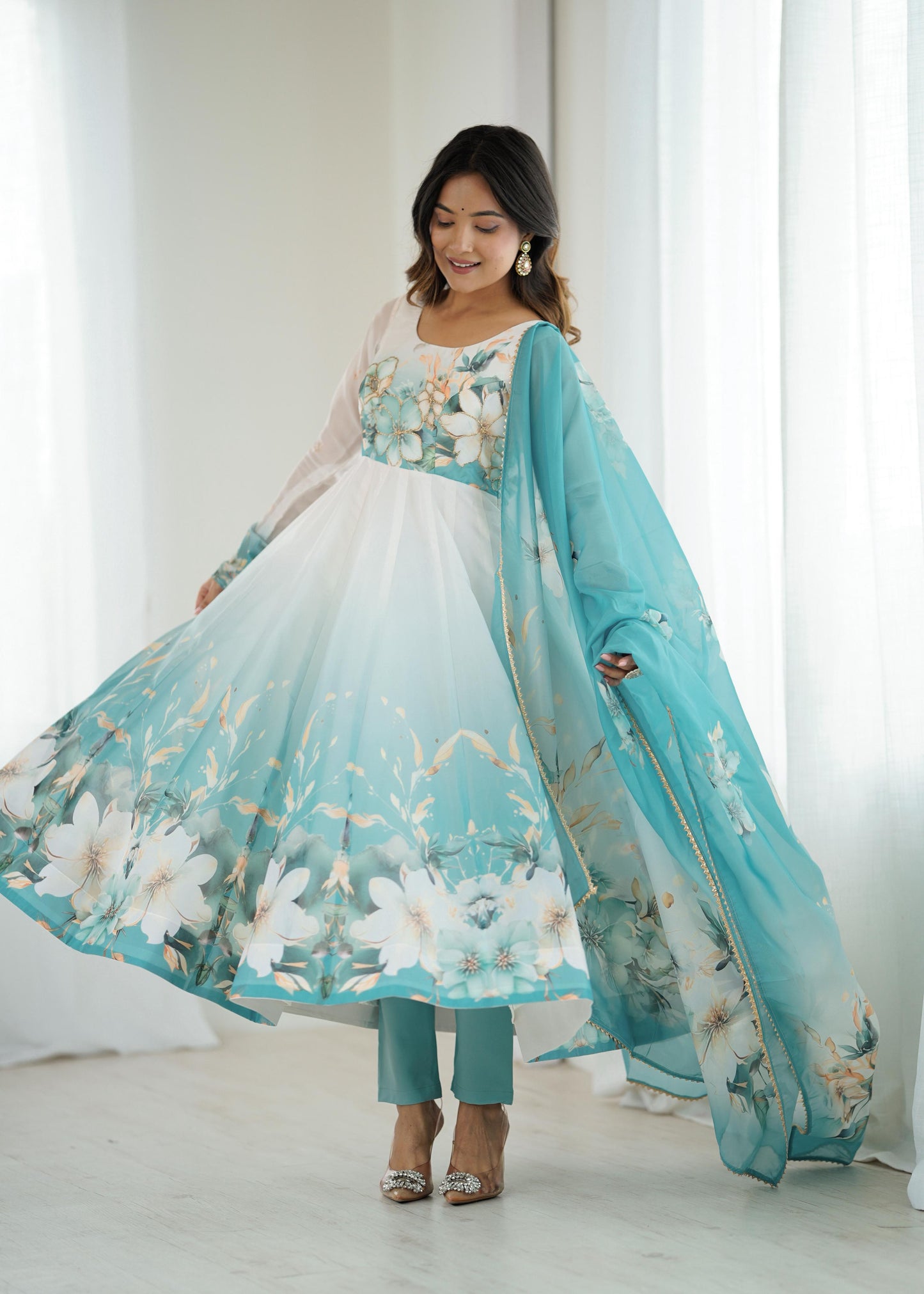 Aqua Blue Organza Silk Anarkali Suit Set with Pant & Dupatta | Ready to Wear Ethnic Wear