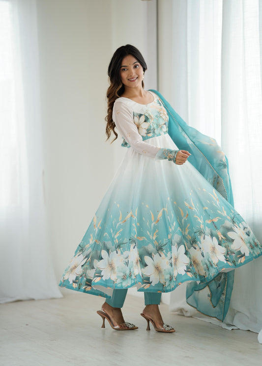 Aqua Blue Organza Silk Anarkali Suit Set with Pant & Dupatta | Ready to Wear Ethnic Wear