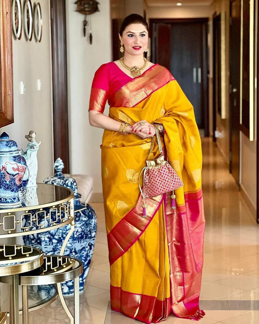 Yellow Soft Banarasi Silk Saree with Jacquard Work and Rich Pink Blouse