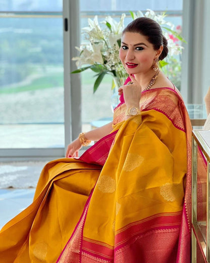 Yellow Soft Banarasi Silk Saree with Jacquard Work and Rich Pink Blouse
