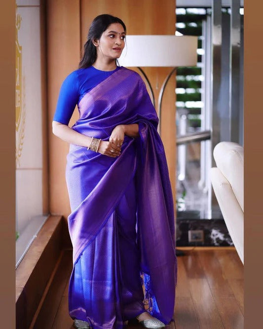 Taffy Blue Soft Banarasi Silk Saree With Blouse Attached