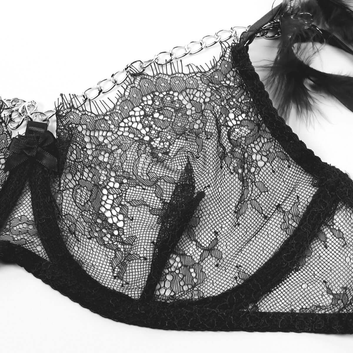 Black Feather Lace Sexy Bra Set