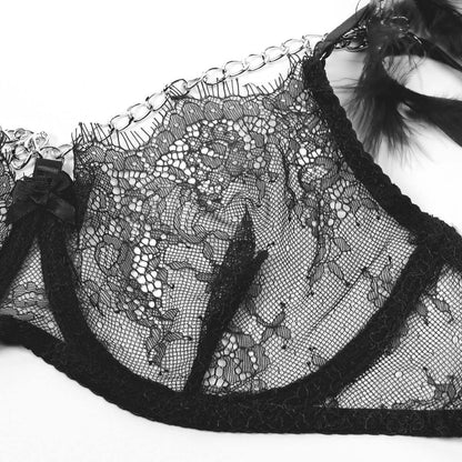 Black Feather Lace Sexy Bra Set