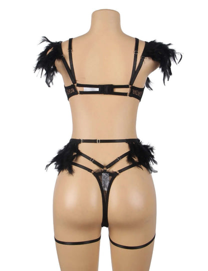 Black Feather Lace Sexy Bra Set