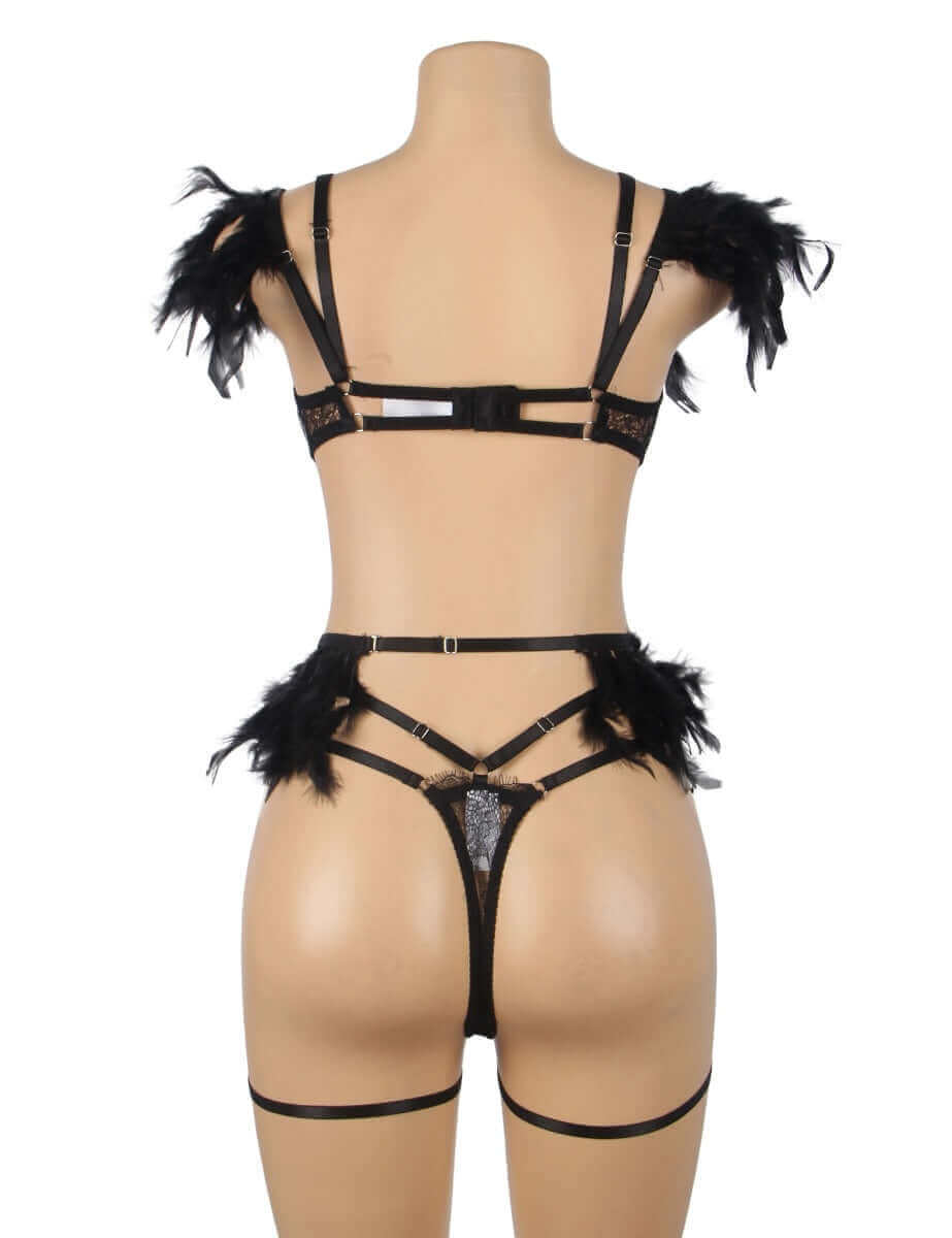Elegant Black Feather Lace Lingerie Set