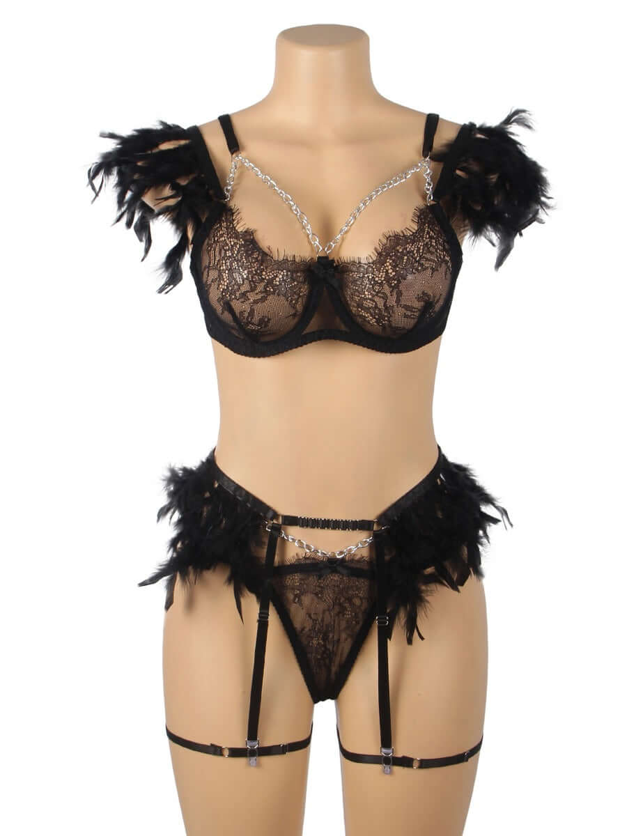 Black Feather Lace Sexy Bra Set