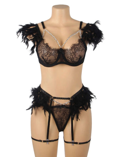 Black Feather Lace Sexy Bra Set