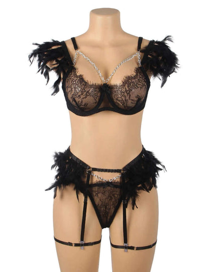 Elegant Black Feather Lace Lingerie Set