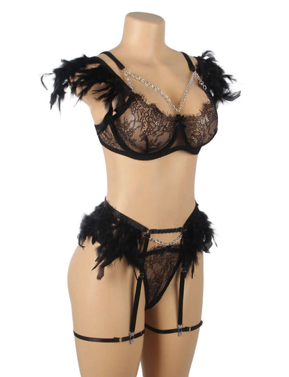 Black Feather Lace Sexy Bra Set