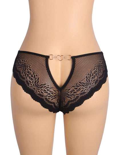 Black Metal Heart Lace Hollow-Out Transparent Panty