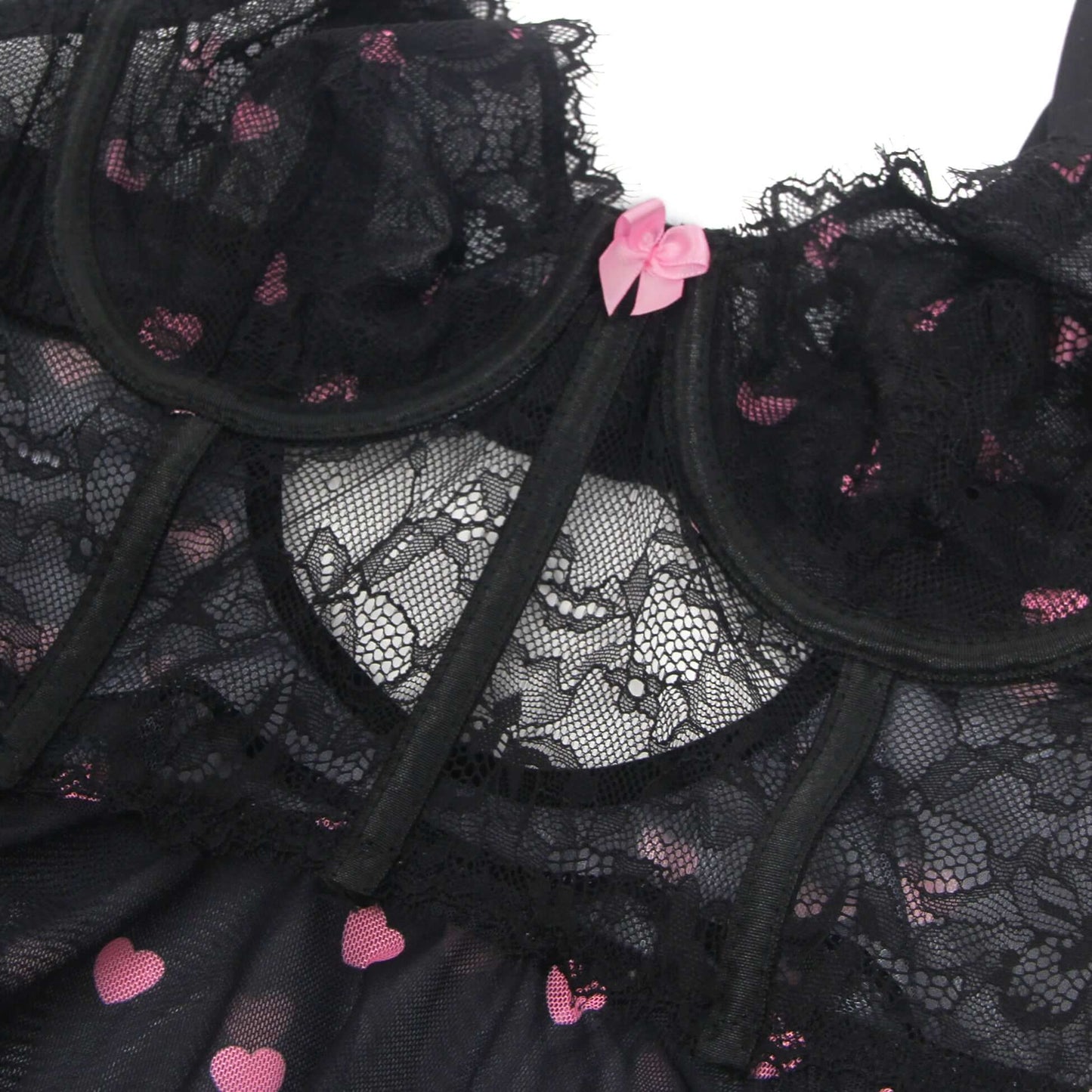 Black Heart Printed Lace Mesh Push-Up Babydoll Dress
