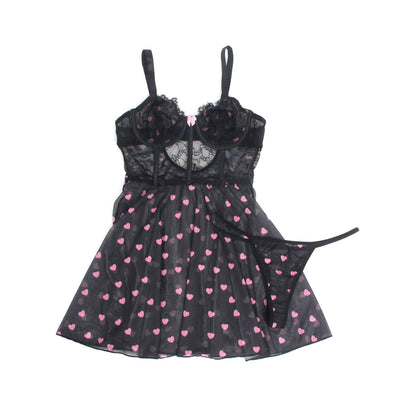 Black Heart Printed Lace Mesh Push-Up Babydoll Dress