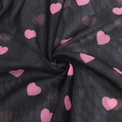 Black Heart Printed Lace Mesh Push-Up Babydoll Dress