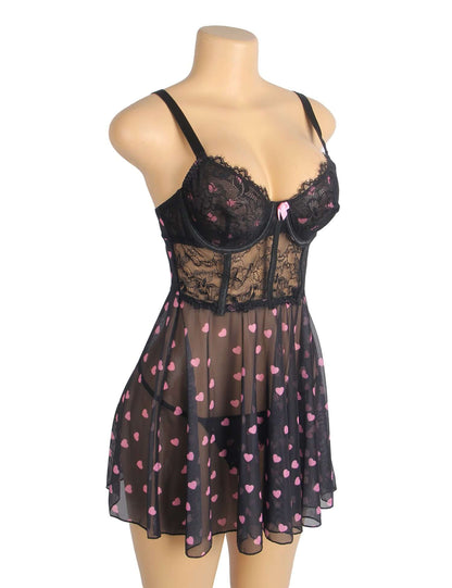 Black Heart Printed Lace Mesh Push-Up Babydoll Dress