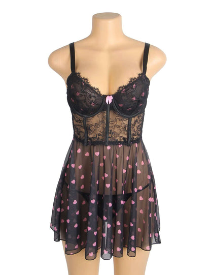 Black Heart Printed Lace Mesh Babydoll Dress