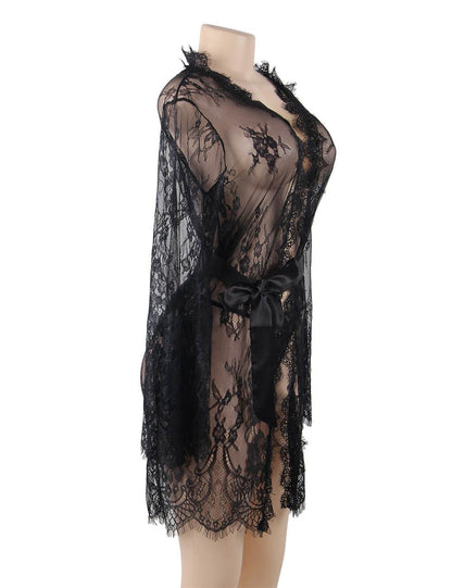 Black Glam Robe Full Of Lace Boudoir Set