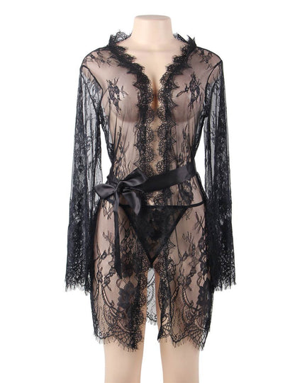 Black Glam Robe Full Of Lace Boudoir Set