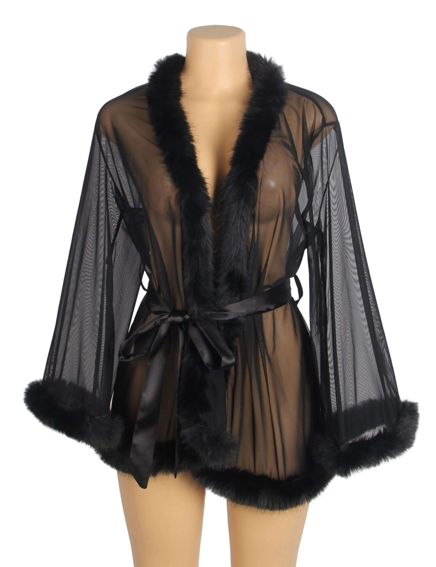 Stylish Black Mesh Robe with Soft Fur and Adjustable Belt