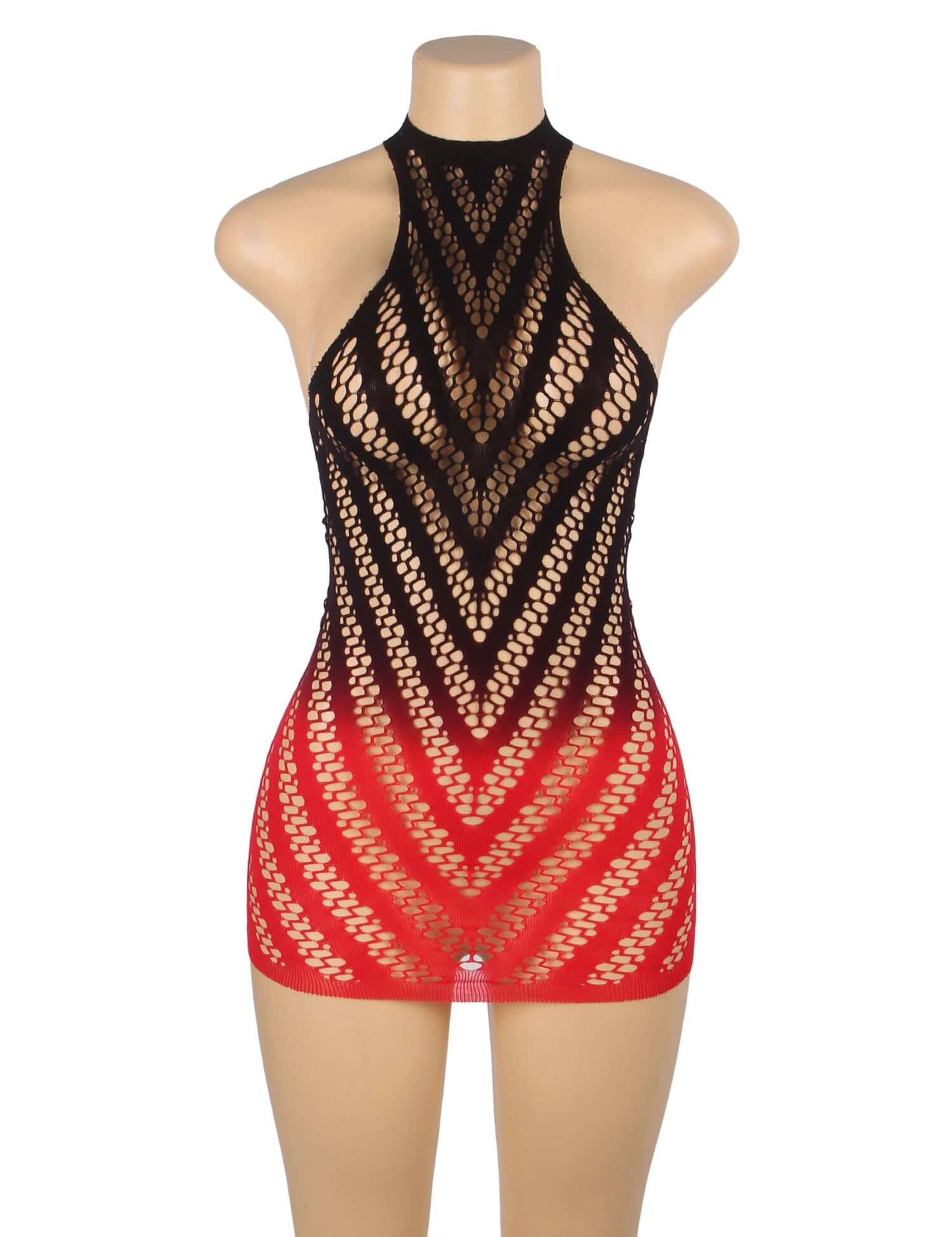 Black And Red Gradient Stretchy Transparent Fishnet Bodystocking