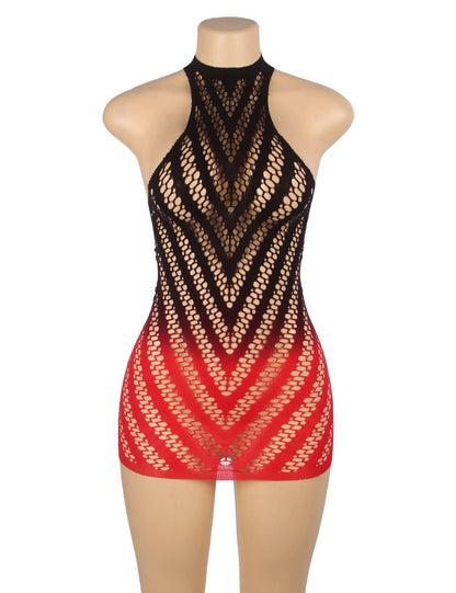 Black And Red Gradient Stretchy Transparent Fishnet Bodystocking