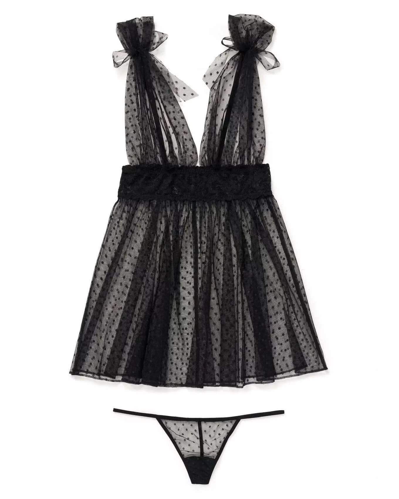 Black Sheer Dot Printed Babydoll