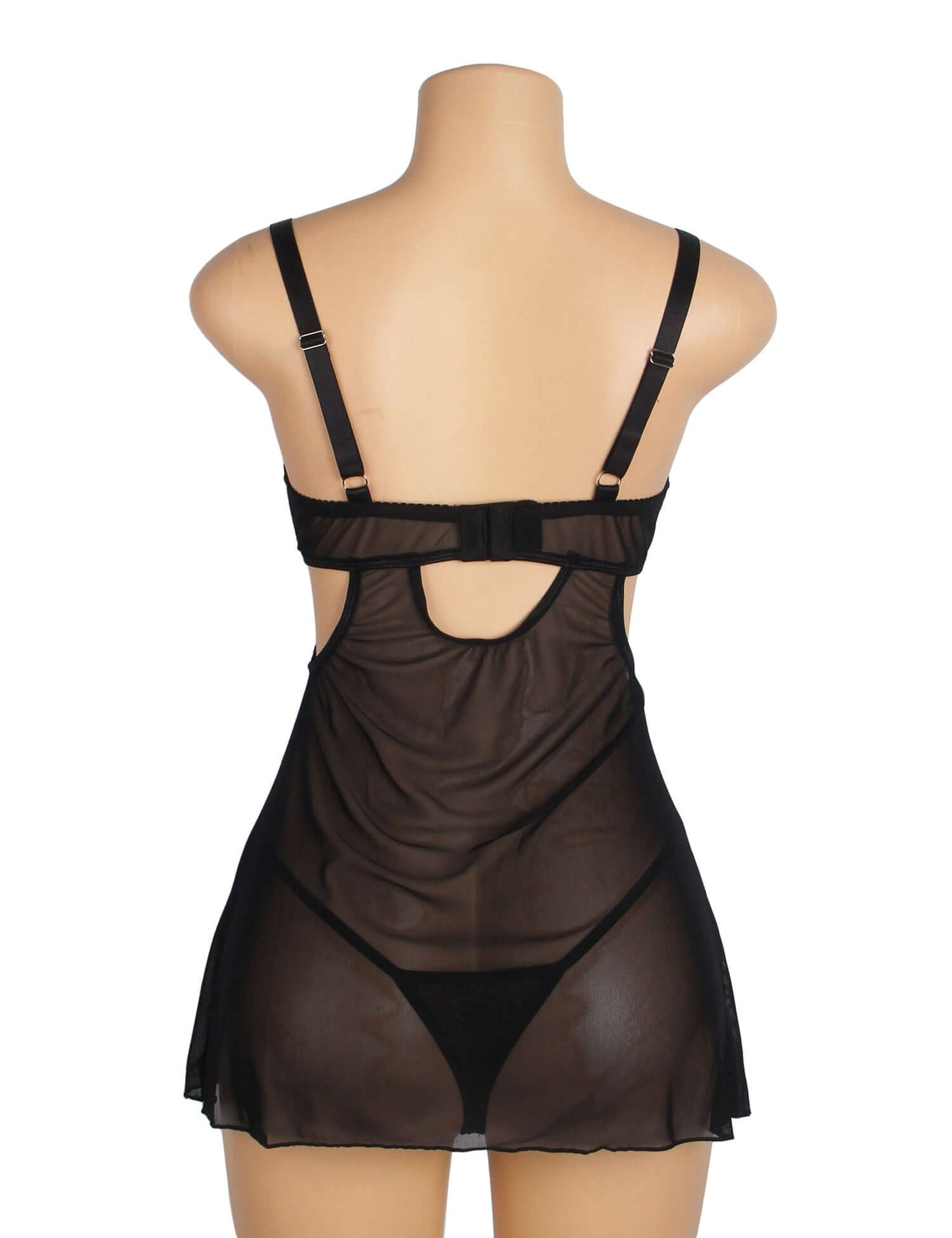 Black Sexy sheer Babydoll Dress with Floral Embroidery