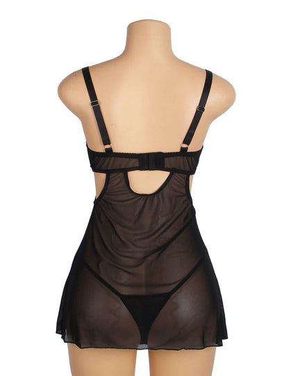 Black Sexy sheer Babydoll Dress with Floral Embroidery