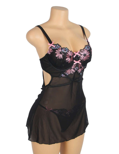 Black Sexy sheer Babydoll Dress with Floral Embroidery