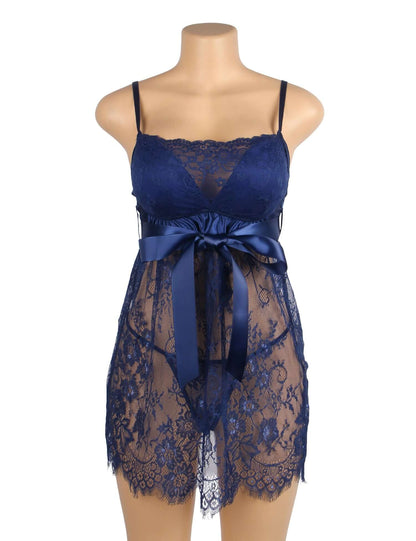 Blue Eyelash Lace Transparent Babydoll Sexy Lingerie